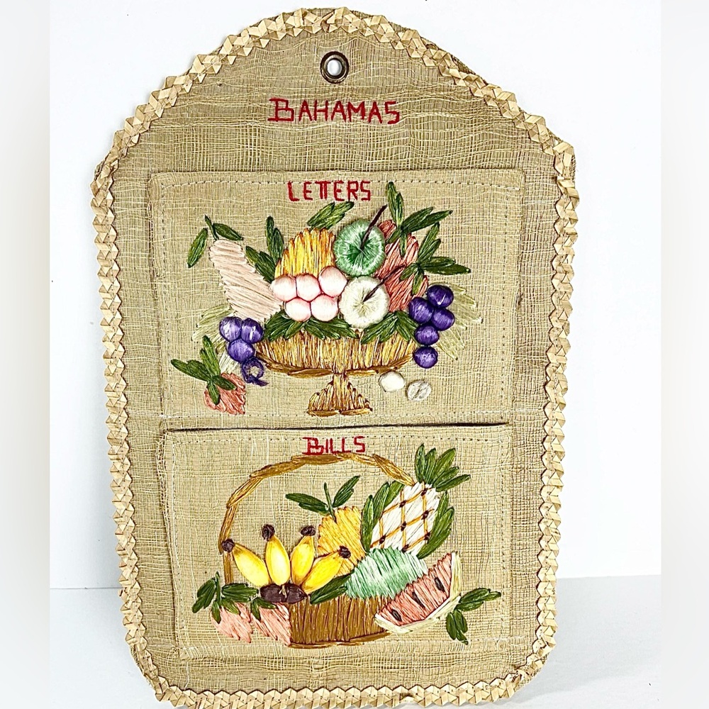 Vintage Bahamas Handmade Woven Wicker Embroidered Letter Bill Mail Holder Rattan
